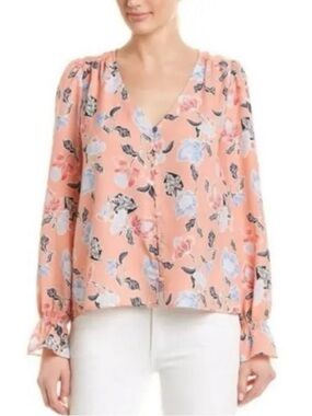 Joie Silky Peach Floral V-Neck Long-Sleeve Blouse Small